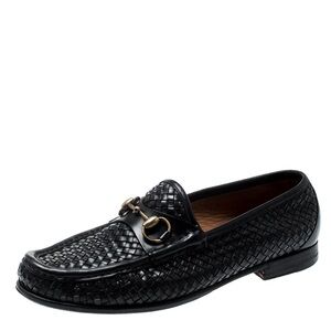 Gucci Black Woven Leather Horsebit Loafers
